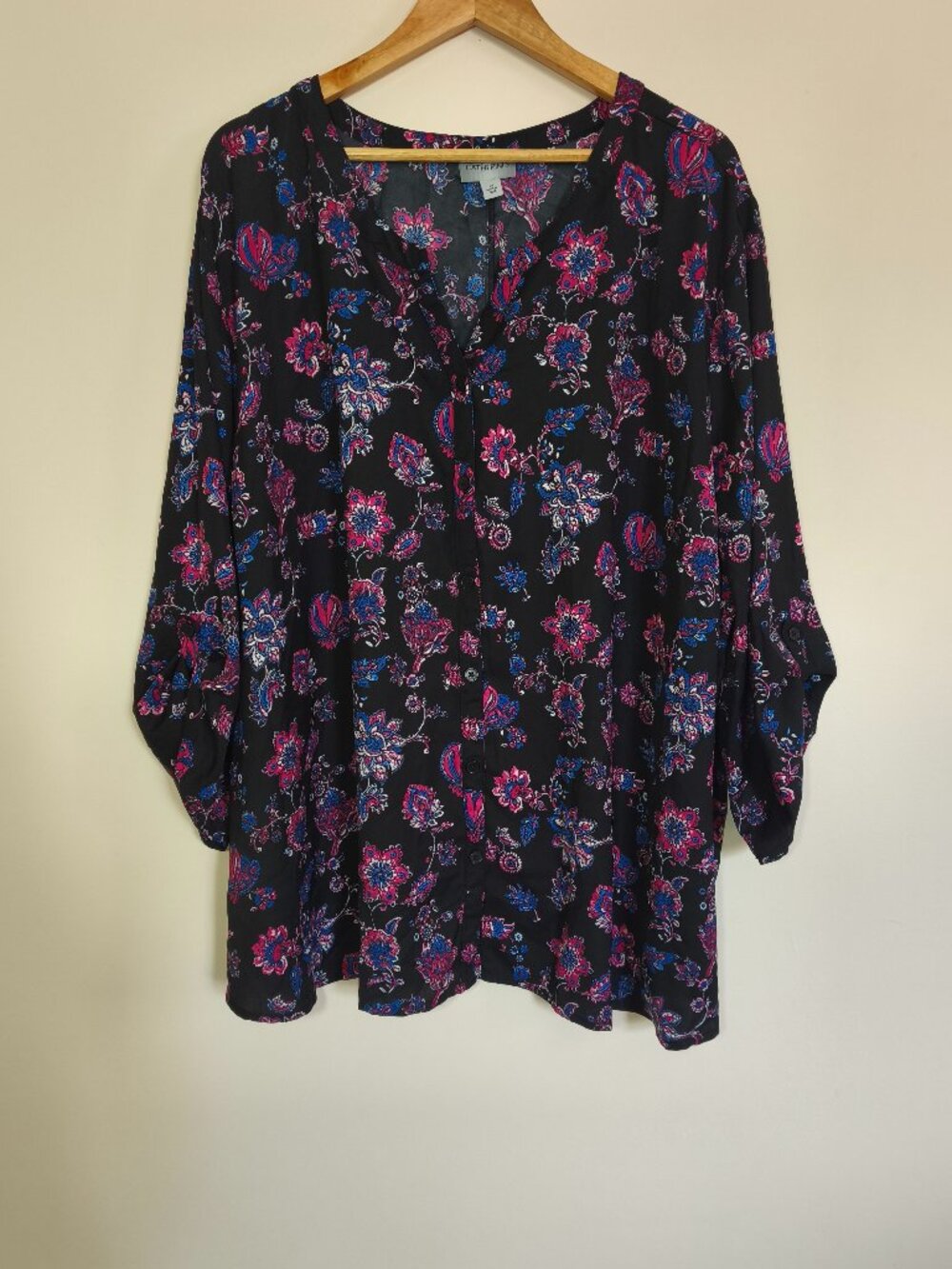 Catherine's Breezeway Georgette Button Front Floral Blouse sz 4X Black Pink